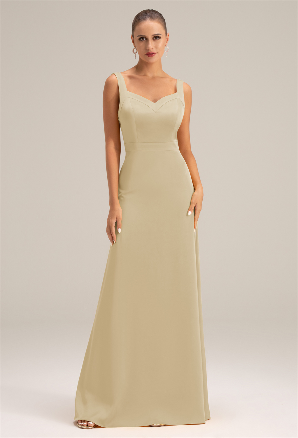 The A-line floor-length bridesmaid dress is crafted from luxurious satin charmeuse fabric. The attention-grabbing sweetheart neckline creates a charming look for parties.