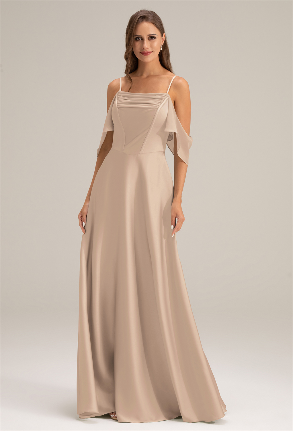 Feel soft and breezy in our A-line bridesmaid dress crafted from satin charmeuse and chiffon fabric. The square neckline and floor-length hemline will leave your guests in awe.