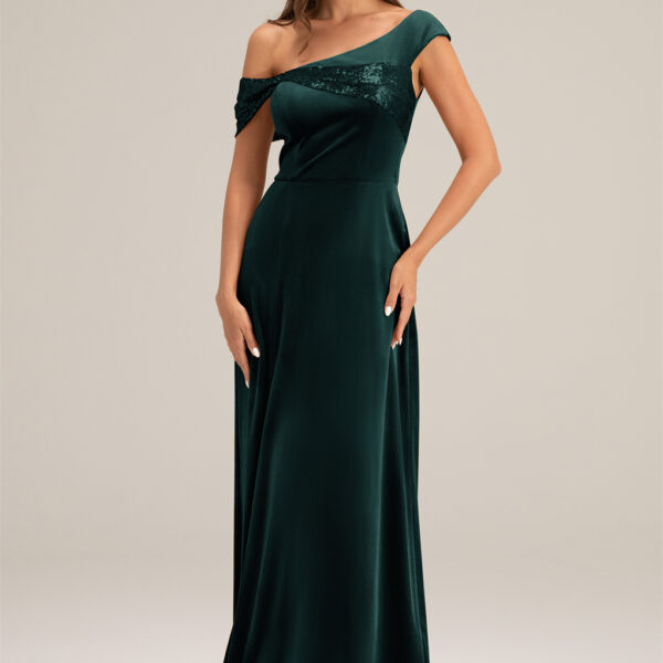 the floor-length bridesmaid dress with A-line cut and an asymmetrical neckline will make every woman stand out on a special day.