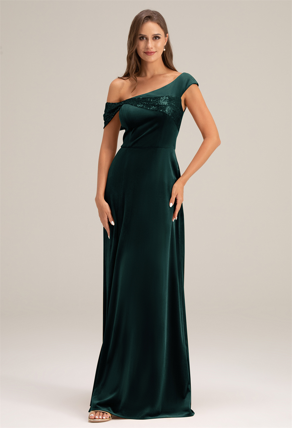 the floor-length bridesmaid dress with A-line cut and an asymmetrical neckline will make every woman stand out on a special day.