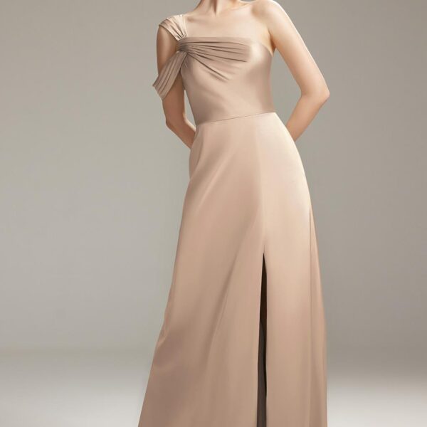This bridesmaid dress is an alluring floor-length strapless gown perfect for any enchanting wedding celebration. Its satin mermaid silhouette with an asymmetrical neckline adds to its allure. The dress's stunning open back and built-in bra contrib