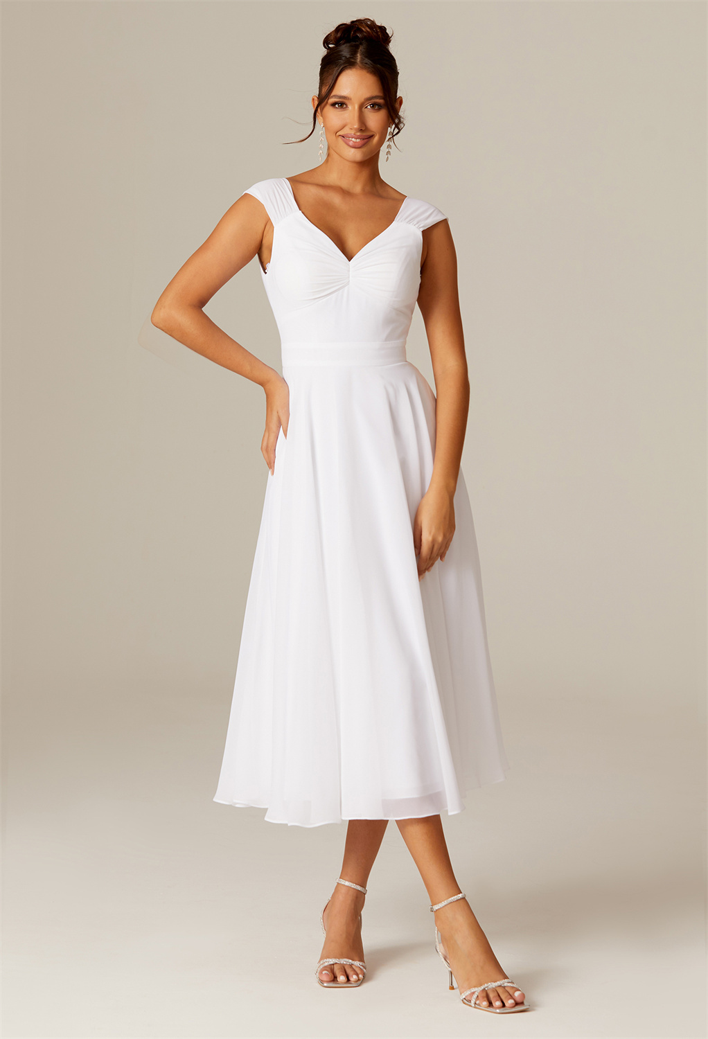 boasting a flattering V-neck for timeless style.