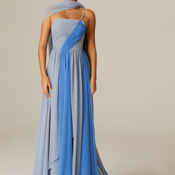 this floor-length Chiffon A-line dress features a tasteful square neckline