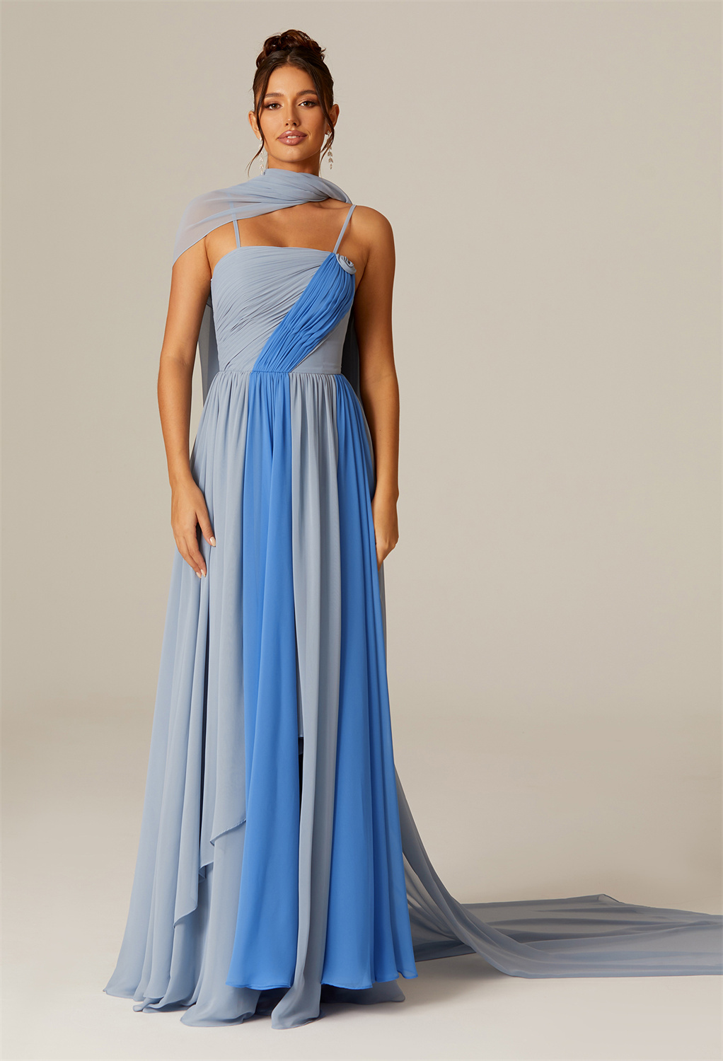 this floor-length Chiffon A-line dress features a tasteful square neckline