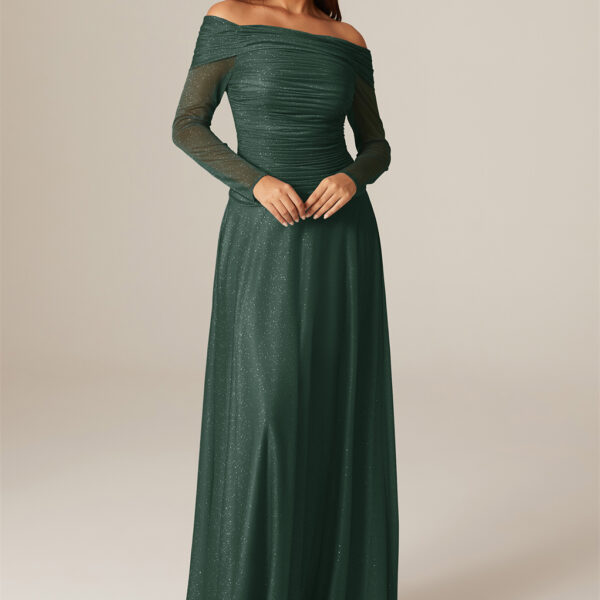 glitter mesh fabric and straight neckline will add the perfect touch of drama and glamour to your big day.