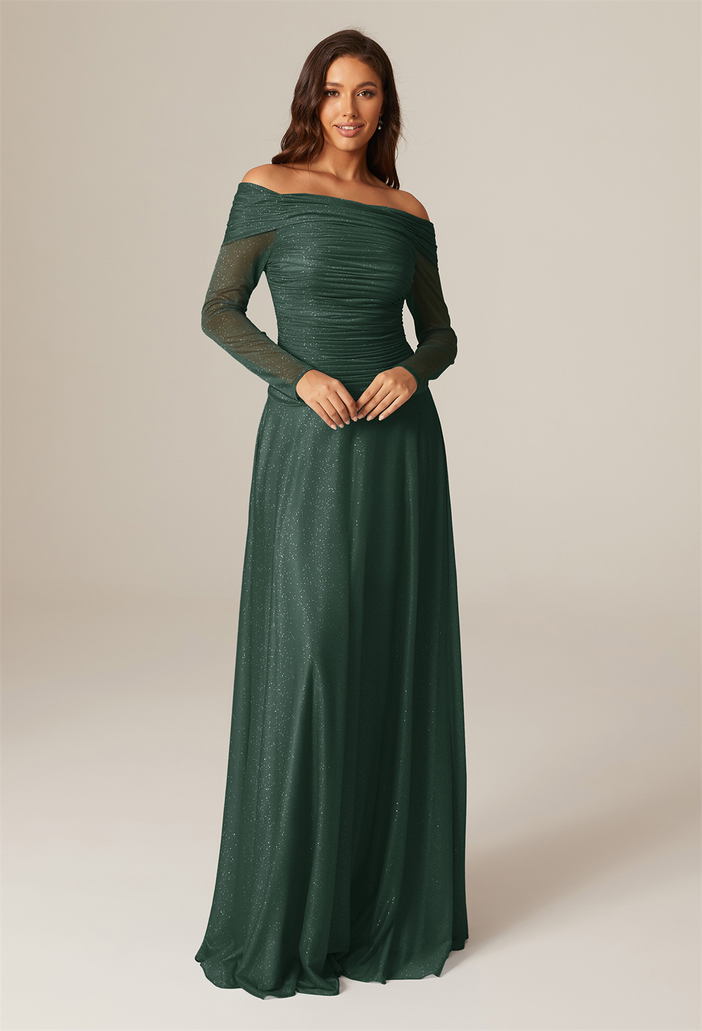 glitter mesh fabric and straight neckline will add the perfect touch of drama and glamour to your big day.