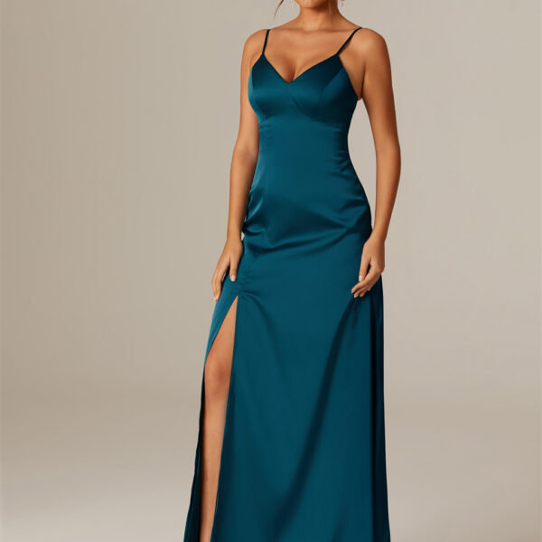 featuring a floor-length cut and an alluring V-neck for an elegant silhouette.