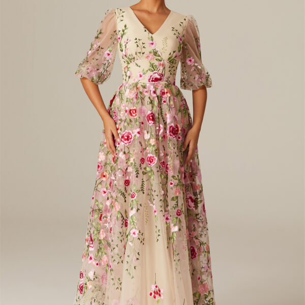 a symphony of florals draped in A-line perfection