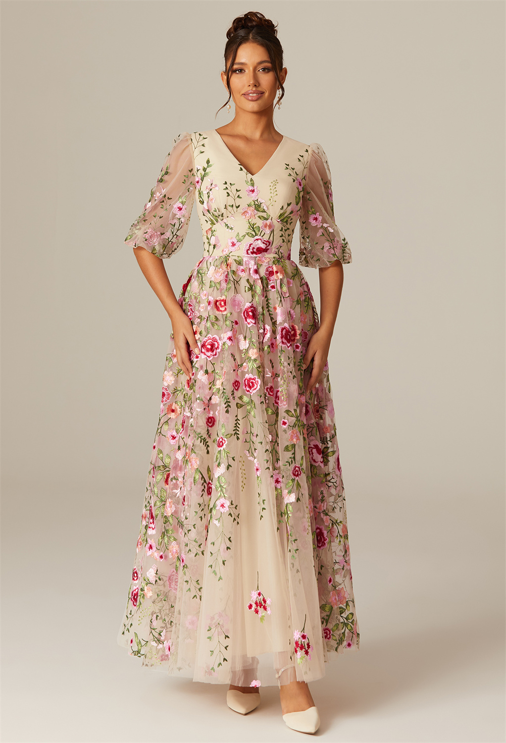 a symphony of florals draped in A-line perfection