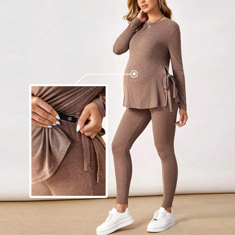 2-Piece Maternity Casual Khaki T-Shirt And Pants Set