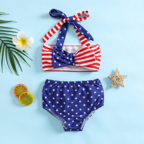 【12M-5Y】2-Piece Girls Stars And Stripes Print Swimsuit Set