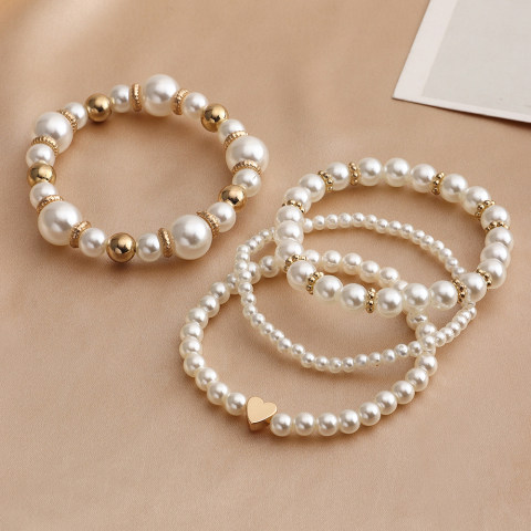 4 Piece Women's Fashionable White Artificial Pearl Bracelet Set