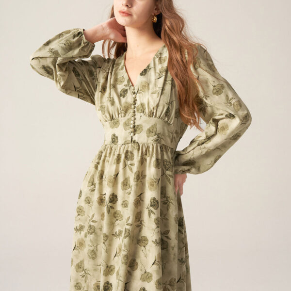 Occasion: Daily Fabric Stretch: No Stretch Waist: Natural Waisted Sleeve Type: Lantern Sleeve Pattern Type: Floral Embellishment: Button