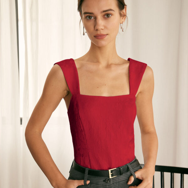 Details:- Polyester 100%- Square Neck- Sleeveless- Shirred Zipper- No Stretch- Daily- Slim- RegularFabric:This Red Tank Top is made of Polyester. Polyester is an artificial fiber that feels soft
