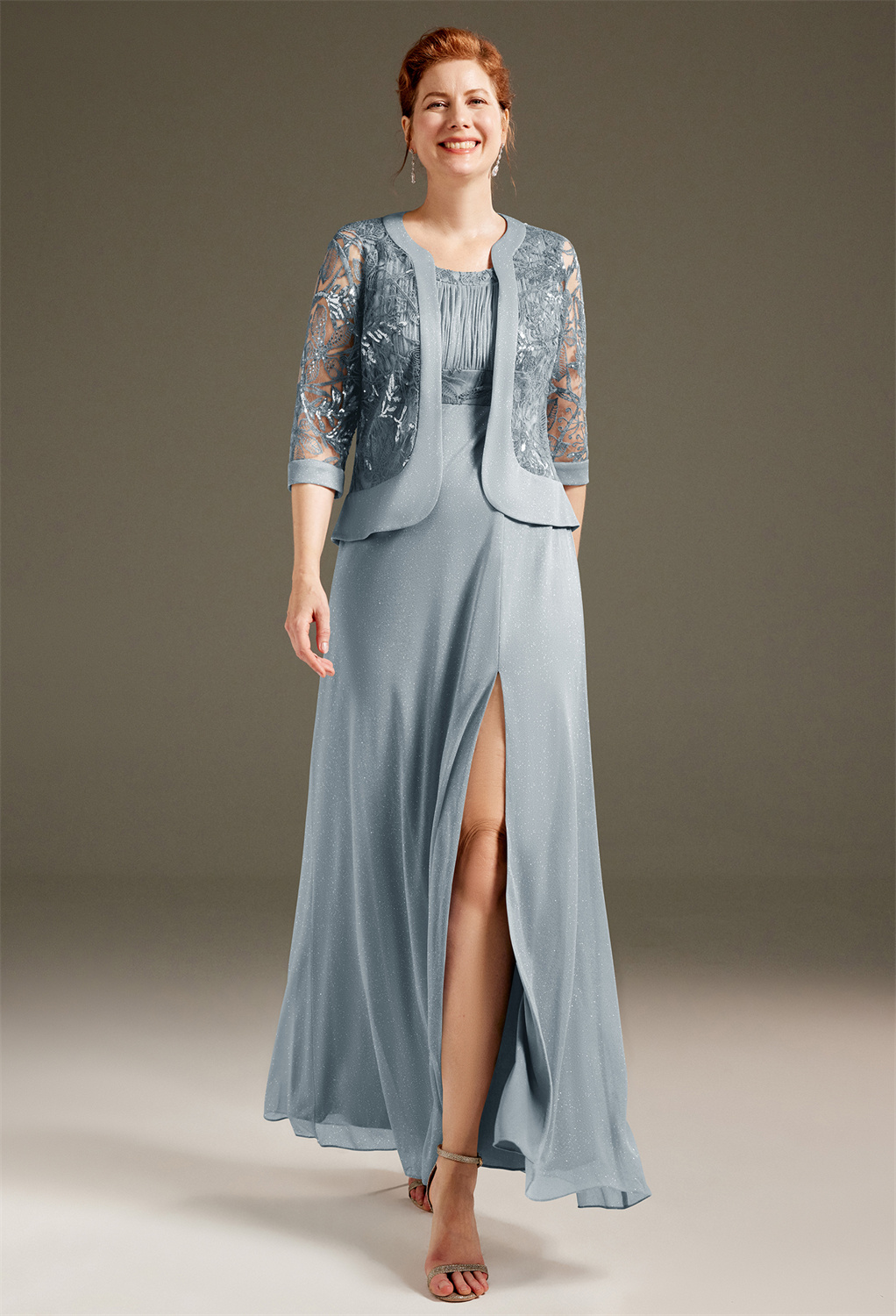 this mother-of-the-bride dress presents the wearer in glamor. It features an A-line