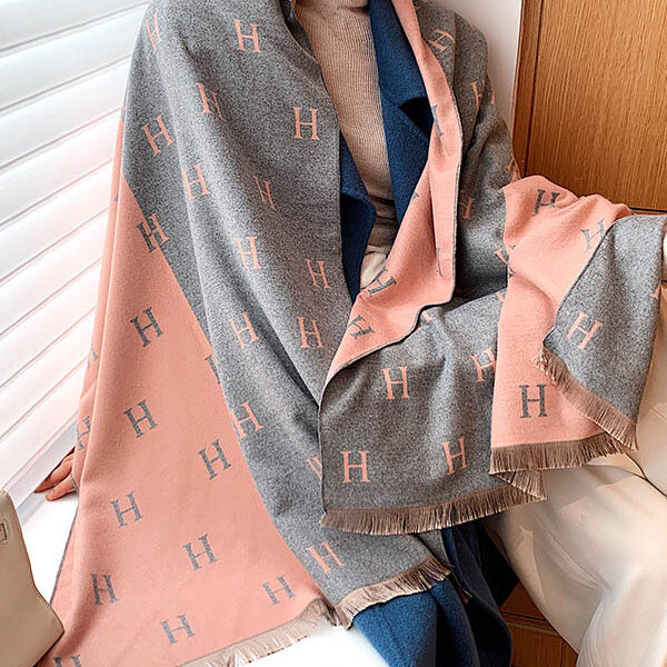 H Print Contrast Color Imitation Cashmere Shawl Scarf PINK+GRAY-FREE SIZE SkuCY-!71121MaterialImitated Cashmere FeaturePrinted