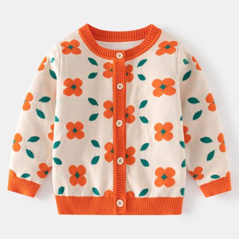 【2Y-8Y】Girls Orange Floral Long Sleeve Sweater Cardigan