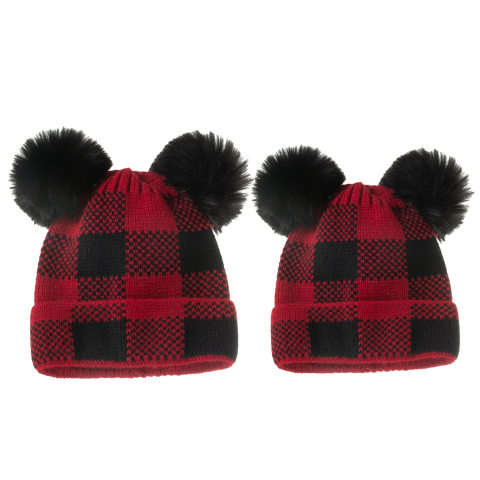 Red Plaid Pompom Mom Kids Hat