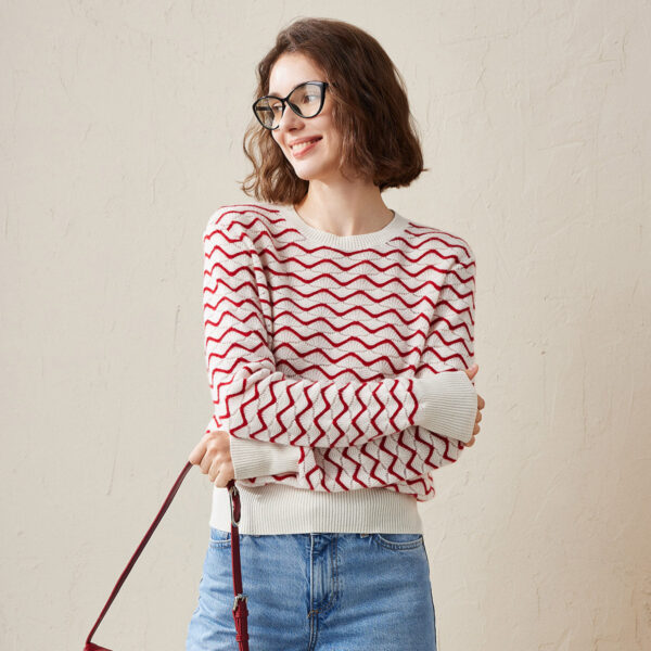 Add a playful touch to your wardrobe with this chic wave patterned knit sweater. Featuring a unique textured design