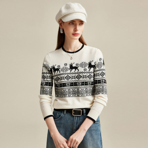 Embrace the cozy charm of winter with our Classic Nordic Reindeer Knit Sweater. This sweater features a timeless Fair Isle pattern with delicate reindeer and snowflake motifs