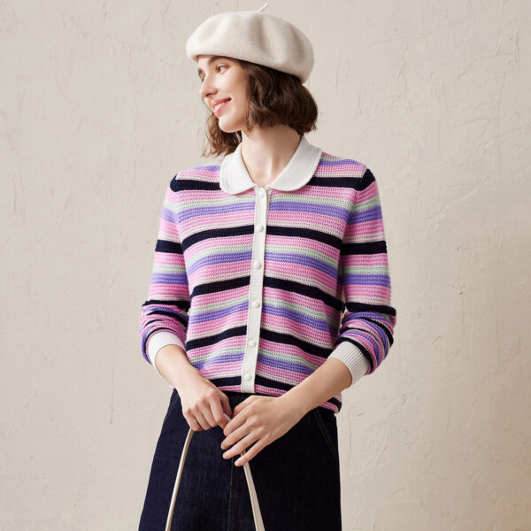 Add a splash of color to your wardrobe with this playful and chic Striped Knit Cardigan. The vibrant multicolor stripes offer a fun and trendy look