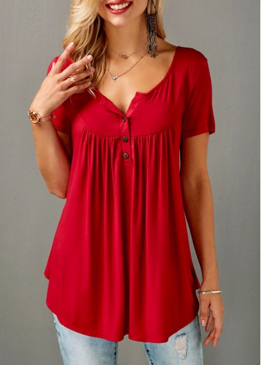 Red Short Sleeve Split Neck Curved Blouse