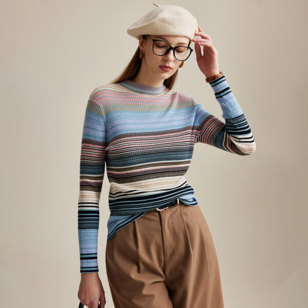 Add a splash of color to your wardrobe with our Elegant Multicolor Striped Knit Sweater for Women. Crafted from 100% premium quality wool