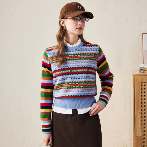 Embrace the season with our Colorful Fair Isle Knit Sweater. This vibrant piece combines traditional Fair Isle patterns with a playful