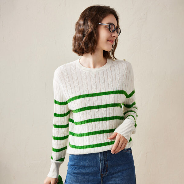 Bring a sophisticated touch to your everyday wardrobe with our Women's Cable Knit Striped Sweater. This stylish sweater blends a classic cable knit design with bold horizontal stripes for a modern yet timeless look. The elegant gold button details on the