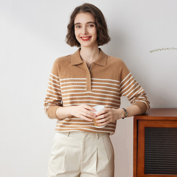 Embrace the perfect blend of comfort and style with our Cozy Striped Polo Neck Sweater. This versatile piece is designed to keep you warm while ensuring you look effortlessly chic. Crafted from 100% high-quality cashmere