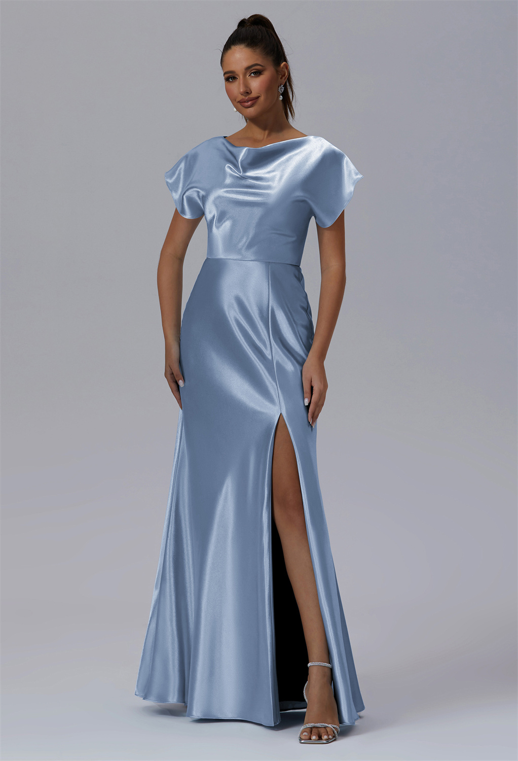 this floor-length Hairmoss dress features a daring slit along the hem and is crafted from lustrous crystal satin