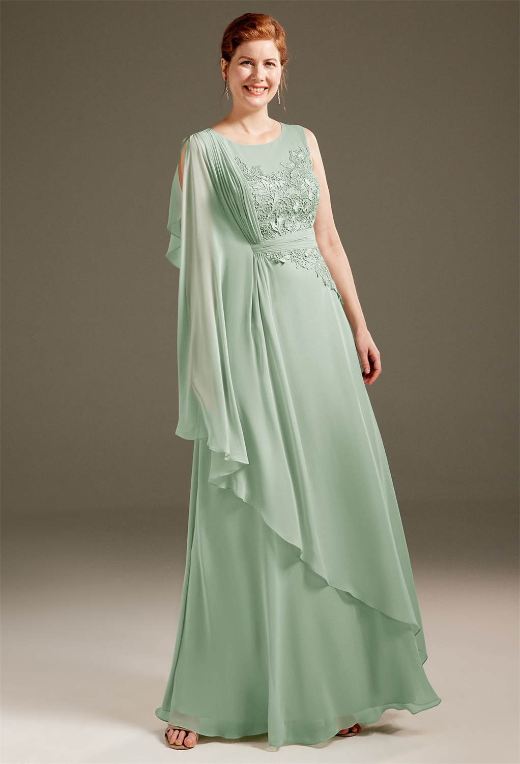 this floor-length dress is not only comfortable but a dream-come-true outfit that makes a mother feel celestial. It features a jewel neckline on a beautifully embroidered