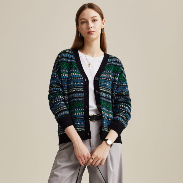 Add a splash of vibrant color to your wardrobe with our Colorful Fair Isle Patterned Cardigan. This eye-catching cardigan features a stunning array of intricate patterns in warm red