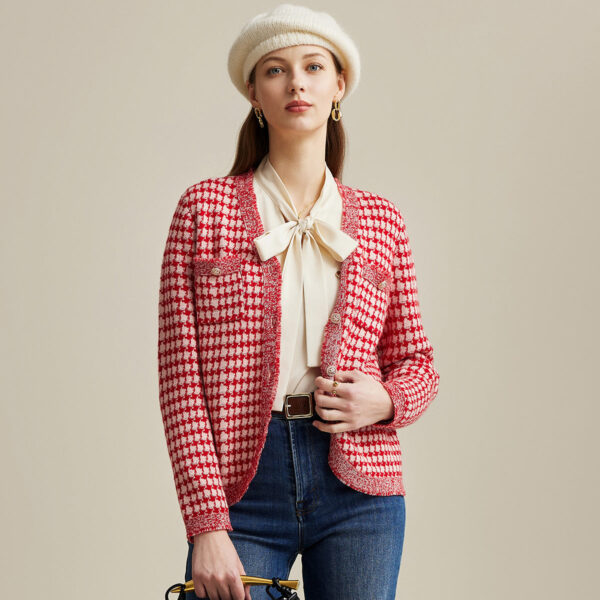 Add a touch of timeless elegance to your wardrobe with our Elegant Red and White Houndstooth Cardigan. Crafted from 100% soft