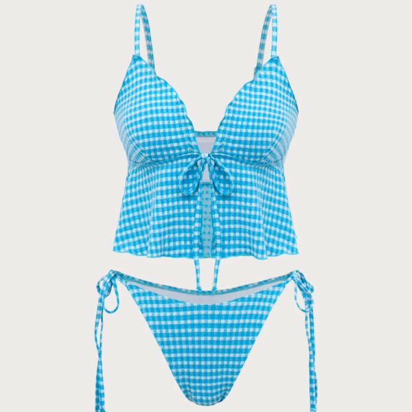 Back Neckline: Strappy Fabric Stretch: Slight Stretch Waist: Low Waisted Closure Type: Drawstring Pattern Type: Plaid Embellishment: Wave Cut