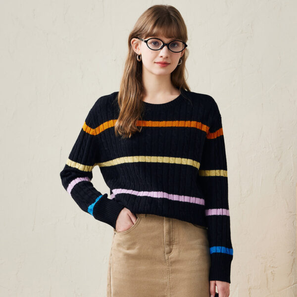 Add a pop of color to your wardrobe with our Women's Colorful Striped Cable Knit Sweater. This cozy sweater features vibrant