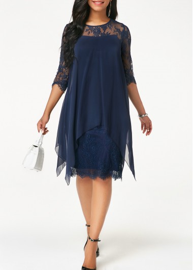 Chiffon Overlay Navy Blue Three Quarter Sleeve Lace Dress