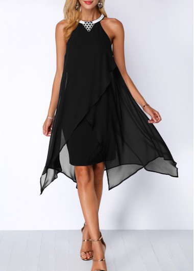 ROTITA Black Asymmetric Hem Embellished Neck Chiffon Overlay Dress