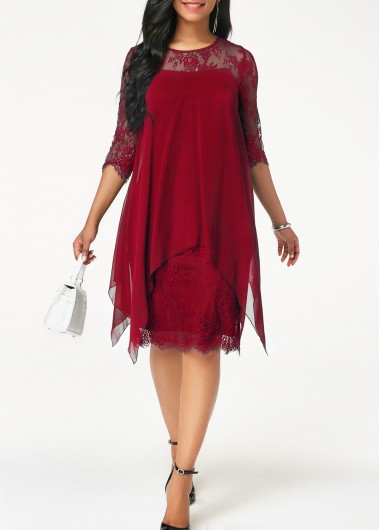 Chiffon Overlay Wine Red Three Quarter Sleeve Lace Dress
