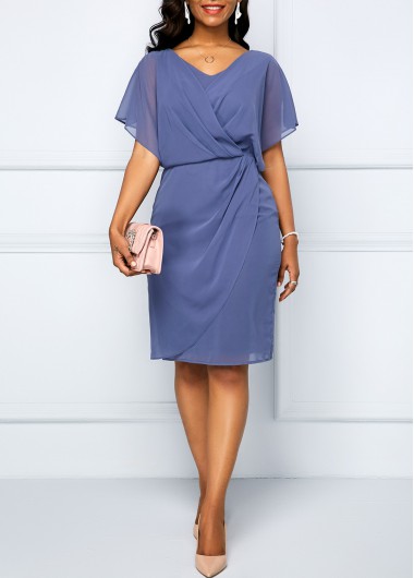 Dusty Blue V Neck Short Sleeve Dress