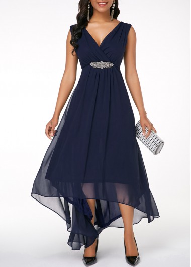 Sleeveless V Back High Low Navy Blue Dress