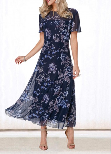 Flower Print V Back Round Neck Dress
