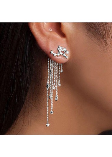 Rhinestone Embellished Chain Tassel Silver Earrings