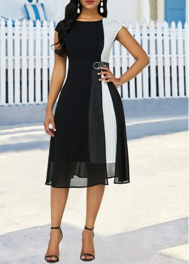 Cap Sleeve Color Block High Waist Dress