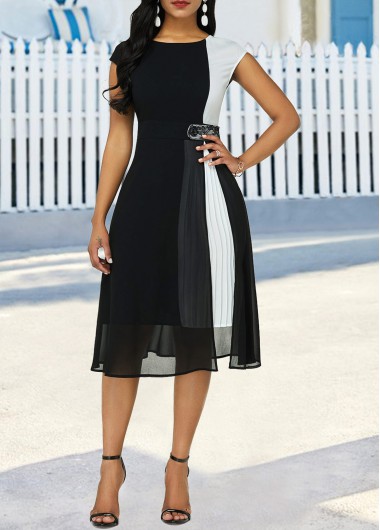 ROTITA Color Block Cap Sleeve Pleated Detail Dress