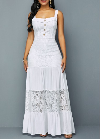 Lace Patchwork Ruffle Hem Button Detail Dress