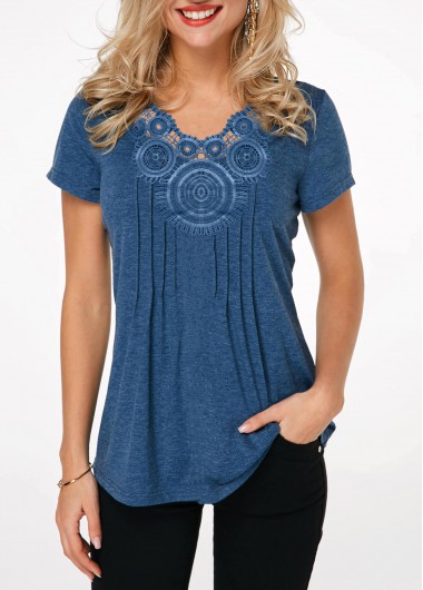 ROTITA Crinkle Chest Short Sleeve Blue T Shirt