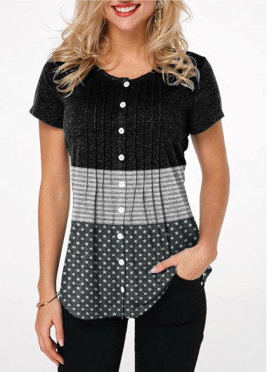 ROTITA Button Up Crinkle Chest Star Print T Shirt