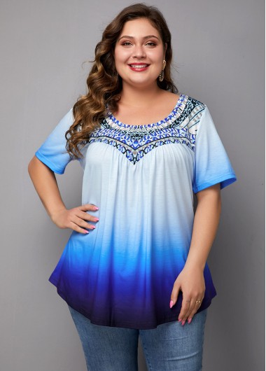 Short Sleeve Tribal Print Ombre Blouse