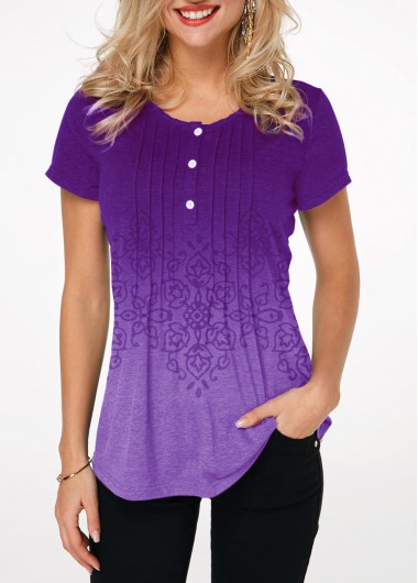 ROTITA Gradient Button Detail Crinkle Chest Printed T Shirt